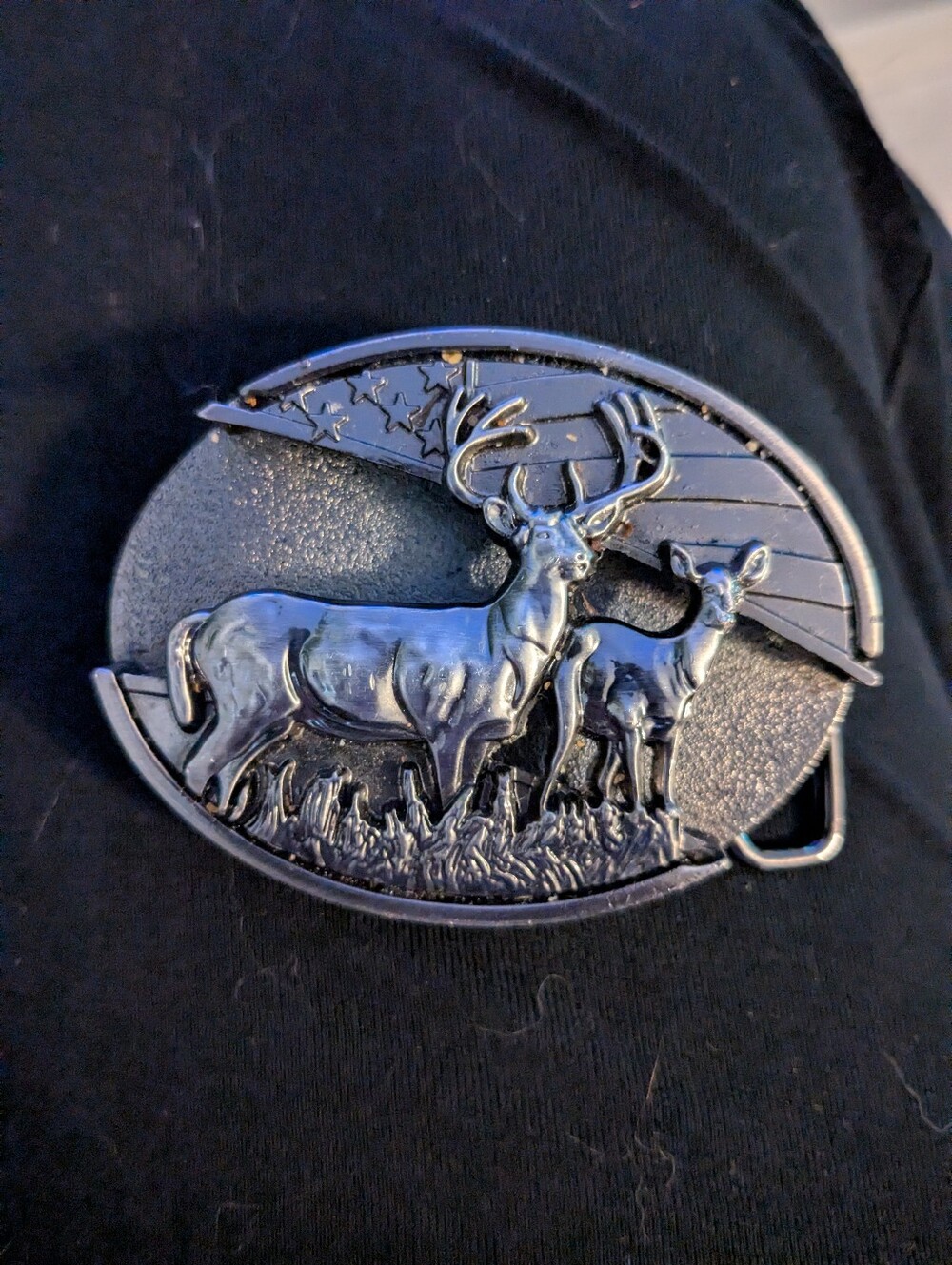 Source Unknown Silver Deer Buck & Doe Belt Buckle with Stars